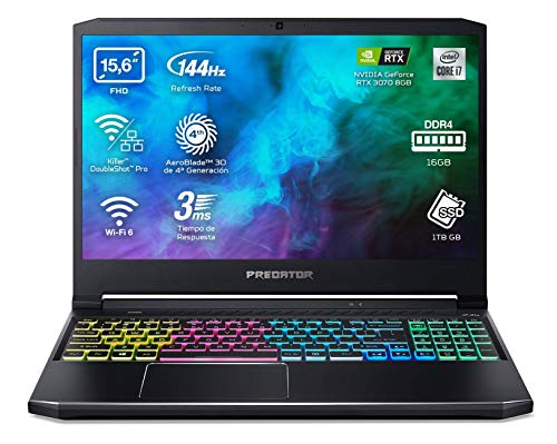 Acer Predator Helios 300 PH315-53 - Ordenador Portátil Gaming 15.6" Full HD, Gaming Laptop 144Hz (Intel Core i7-10750H, 16B RAM, 1TB SSD, NVIDIA GeForce RTX 3070, Sin SO) Negro, Teclado QWERTY Español