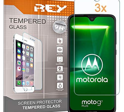 REY 3X Protector de Pantalla para Motorola Moto G7 Plus, Cristal Vidrio Templado Premium