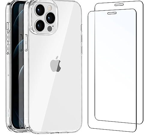 NEW'C Funda para iPhone 12 Pro MAX Carcasa Silicona Transparente Alta y 2X Protector de Pantalla para iPhone 12 Pro MAX Cristal Templado - Antiarañazos