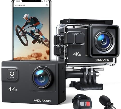 WOLFANG Cámara Deportiva WiFi 4K 60FPS GA300, Videocámara 8xZoom 24MP,40M Cámara Acuática con Micrófono Dual, 170° Gran Angular, EIS Mejorado, 2x1350mAh Baterías