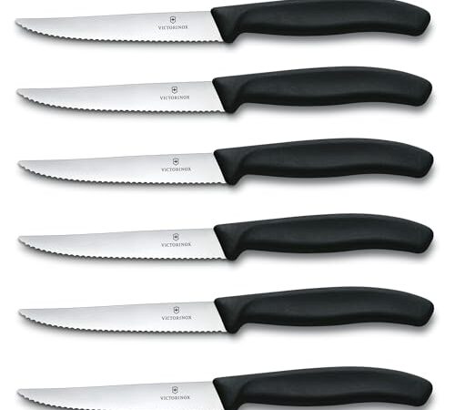 VICTORINOX, Swiss Classic, Juego de cuchillos profesionales para carne, 6 piezas, hoja muy afilada, filo dentado, 11 cm, mango de plástico, acero inoxidable, negro