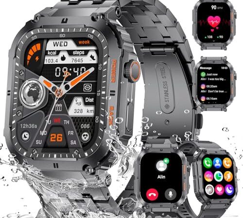 ESFOE Reloj Inteligente Hombre(3 Correas), 1.96'' 400mAh Smartwatch Hombre con Llamada Bluetooth,IP68 Impermeable,Cuerpo Metálico de Acero Inoxidable,100+Deportes Militar Smart Watch para Android iOS